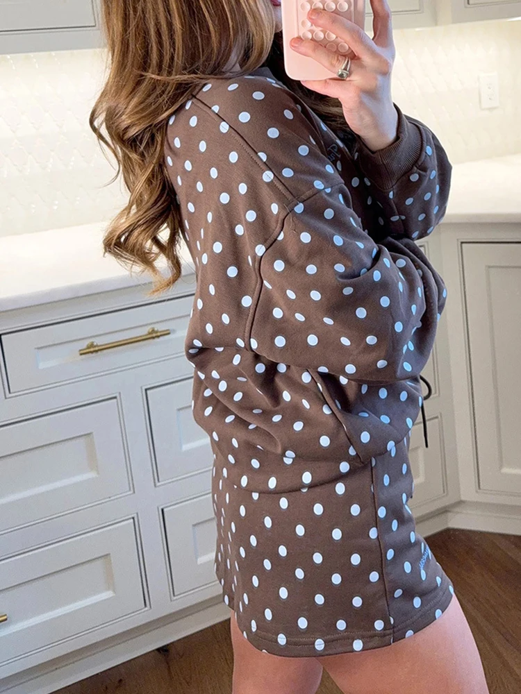 Elegant O-Neck Long Sleeved Mini Suit Early Autumn Fashion High Waist Office Outfit Retro Polka Dot Loose Hoodie+Skirt Two Piece