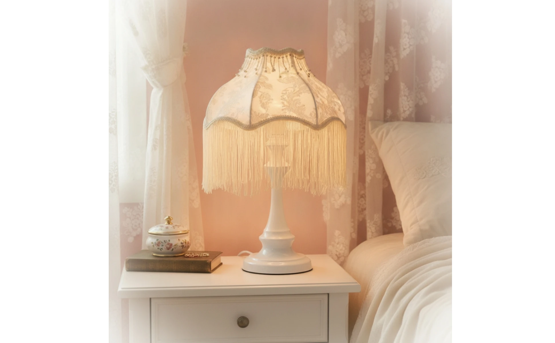 Fringe Table Lamp Ornate Table Lamp with Textile Shade Corded Elegant for Girls, Bedroom, Reading Corner