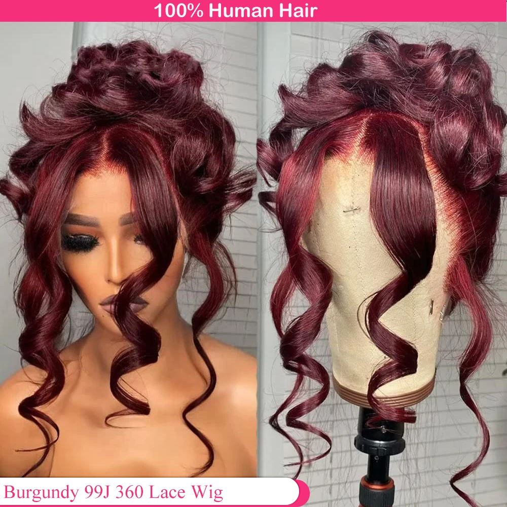 Perruque Full Lace Wig naturelle ondulée, cheveux humains, bordeaux, 99J, haute densité 360, pre-plucked, 250