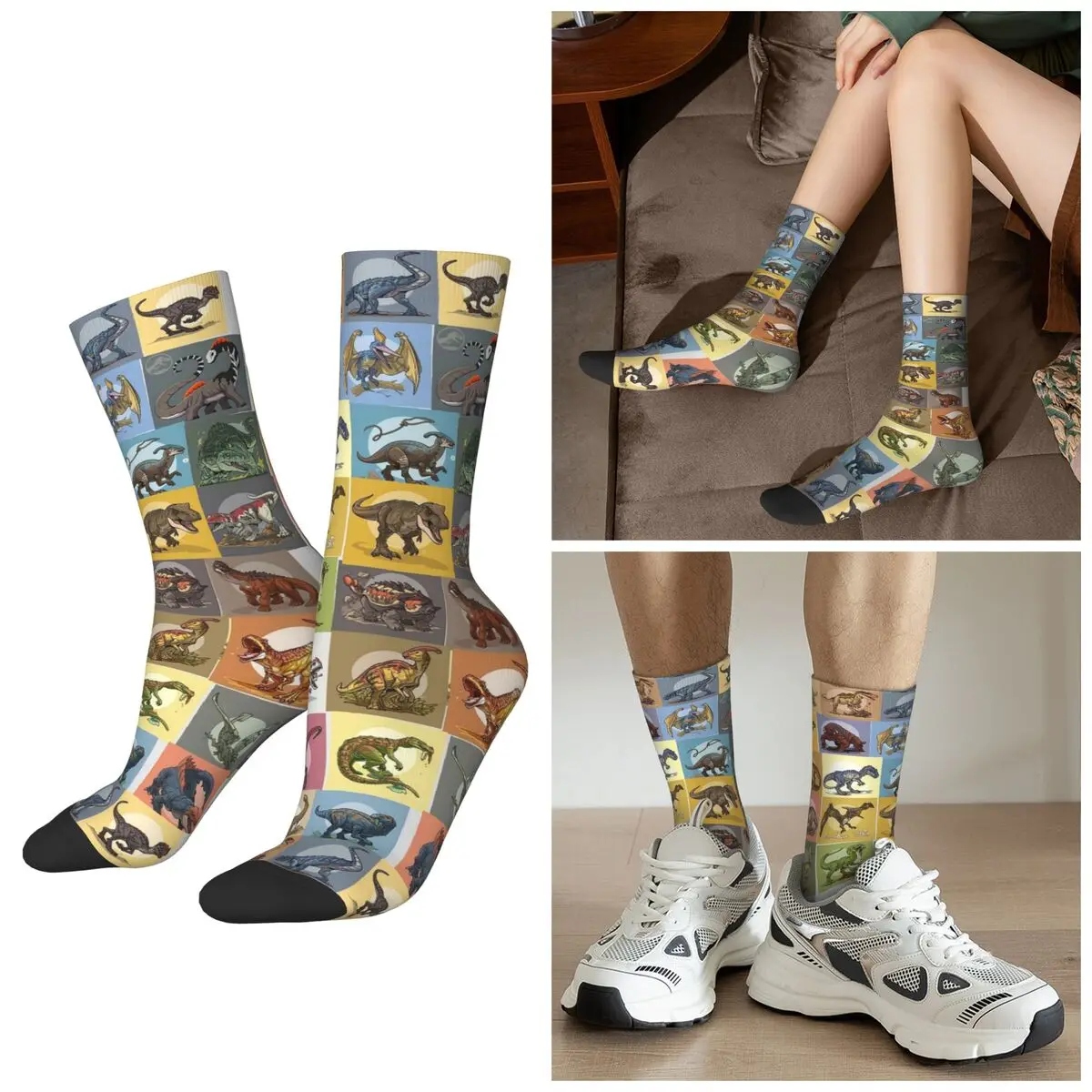 

All Seasons Dinosaur Illustration Print Socks Harajuku Sport Middle Tube Socks High Quality Stockings for Men Women Christmas