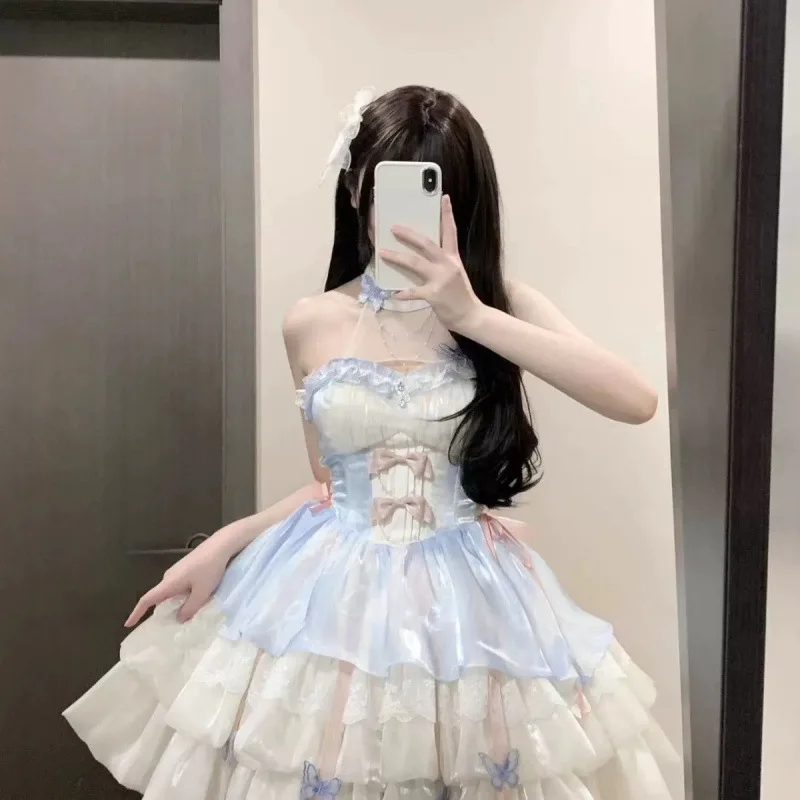 Jiegeng Pure Aesthetic Halter Sleeveless Lolita Mini Dress Princess Puffy Tutu Skirt Party Evening Outfit 5