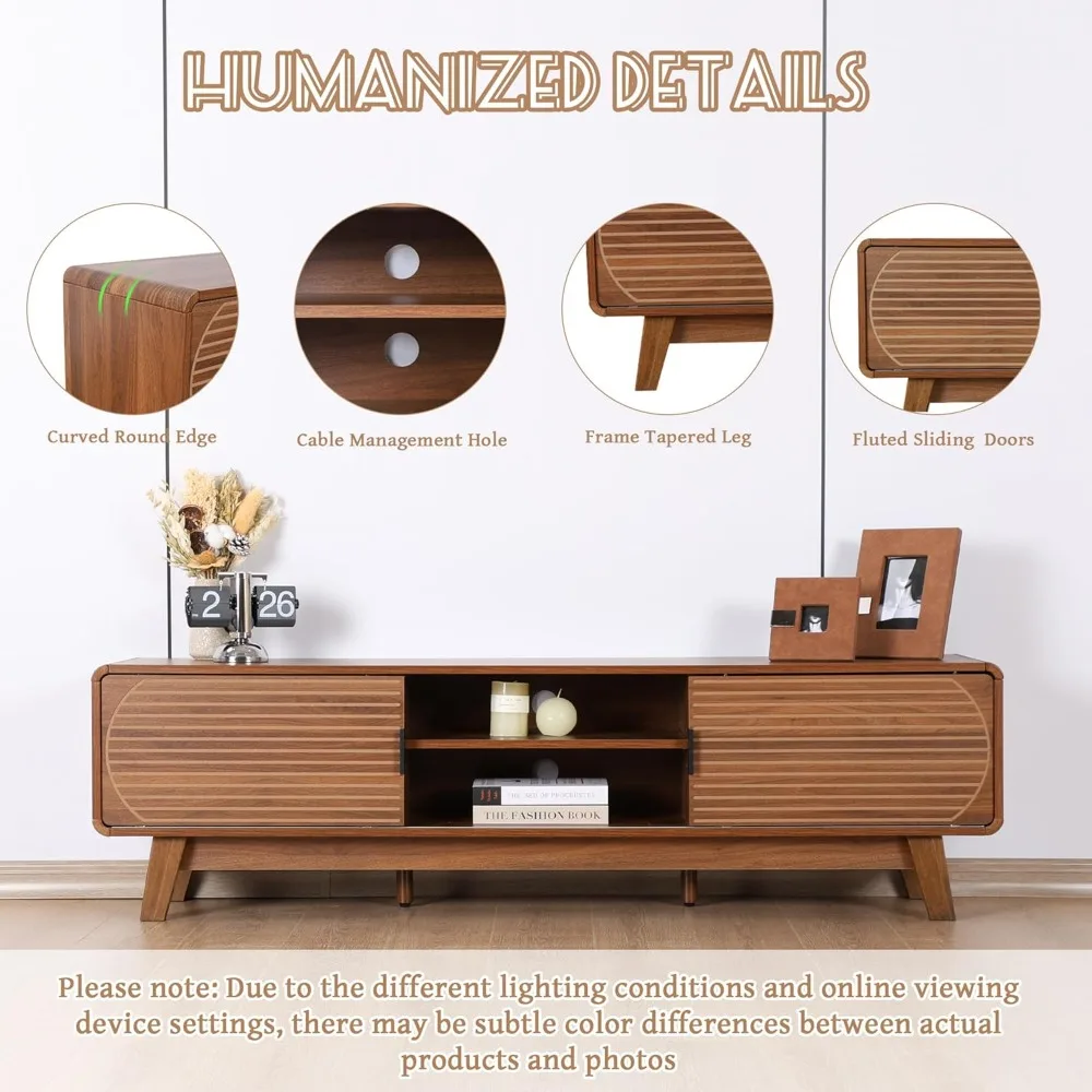 حامل تلفزيون حديث لمنتصف القرن لتلفزيون 55/60/65 بوصة، وطاولة وحدة تحكم تلفزيون مقاس 63 بوصة مع أبواب منزلقة مخددة، ومركز ترفيه ووسائط