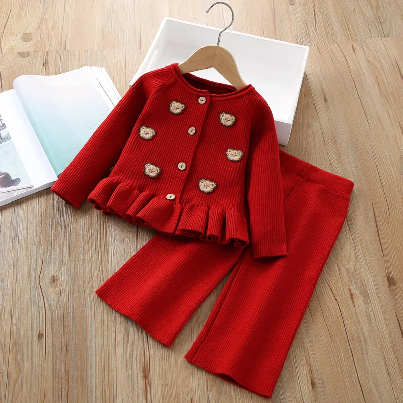 2024Autumn and Winter New Girls Western Style Cute Cartoon Bear Knitted Cardigan Two-Piece Pants