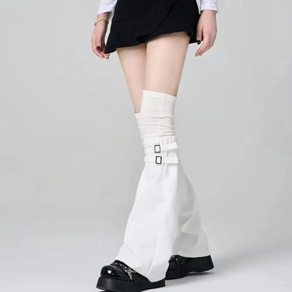

New Knitted Leg Warmers Solid Color Leather Buckle High Tube Socks Y2k Lolita Keep Warm Mid-Calf Sock Gift