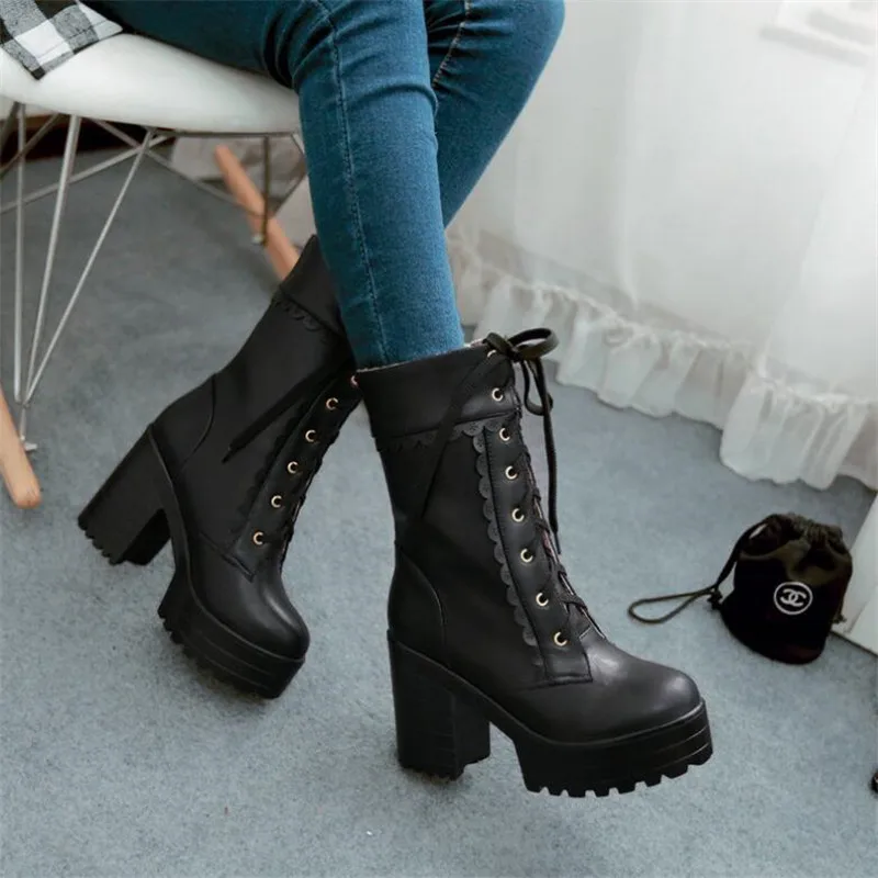 Girls Lolita Mid Calf Boots Women Lace Up Motorcycle Boots Autumn Winter Stylish Lady Lace Platforms Chunky Heel Party Shoes