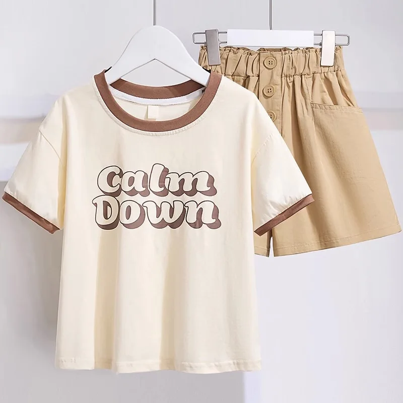 2024 casual NEW summer Teenager Girls Cloth short sleeve letters T-Shirt top + cargo pant dress children set 7 8 9 10 11 12 year