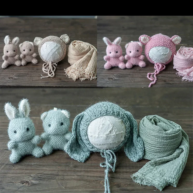 Newborn Photography Props Handmade Dolls Knitted Rabbit Bear Baby Photography Studio Accessoires