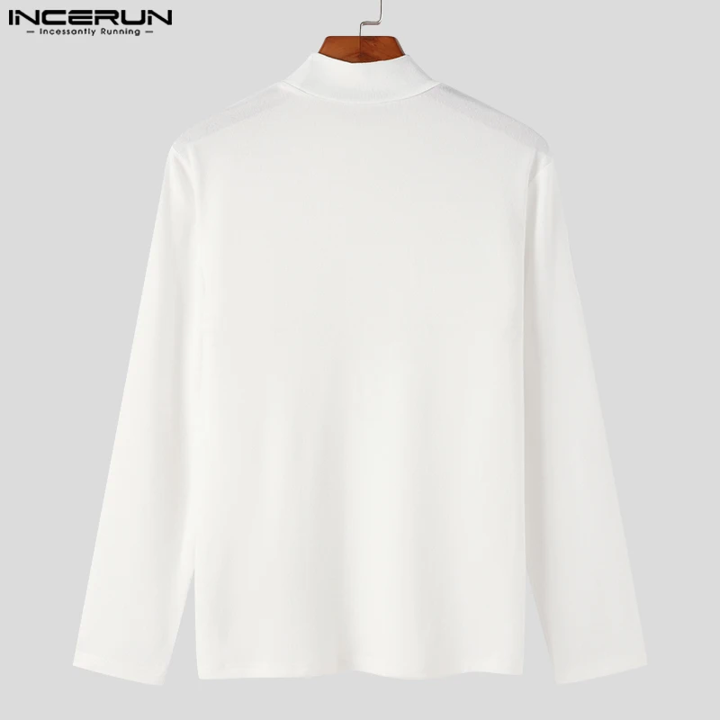 INCERUN Men T Shirts Solid Color Turtleneck Long Sleeve Fitness Streetwear Camisetas 2023 Hollow Out Zipper Casual Men Clothing