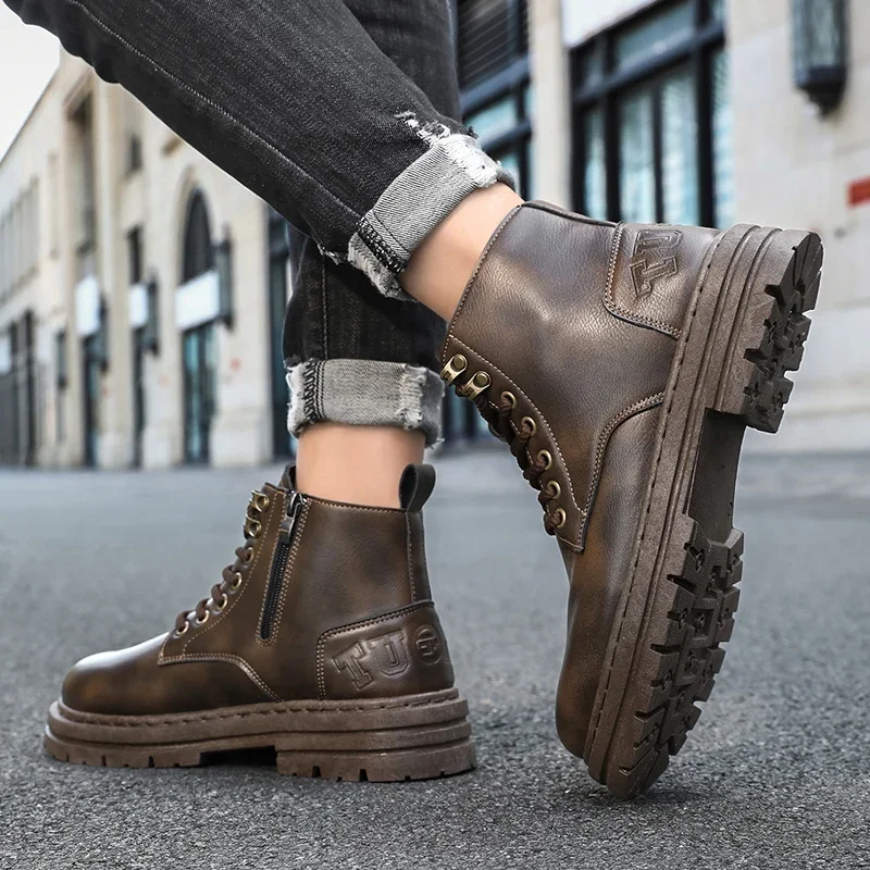 

Мужские высокие ботинки на низком каблуке на плоской подошве в стиле ретро, однотонные кожаные новые высококачественные повседневные прогулочные ботинки для спецодежды