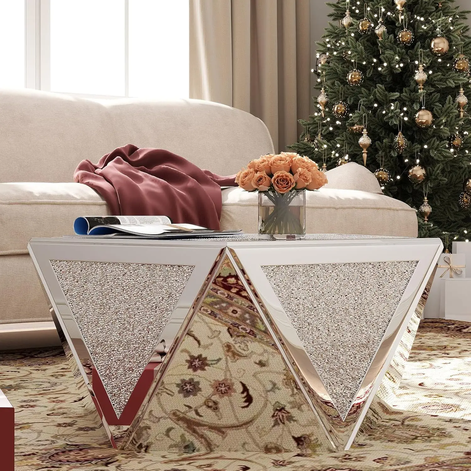 Silver Coffee Tables For Living Room With Crushed Diamond Inlay, Mirrored Pentagonal Coffee Table With Luxury Mirror Surface