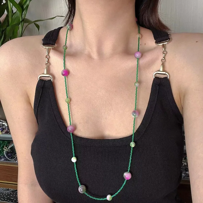Artificial cat's eye stone spring-colored long necklace sweater chain can be layered