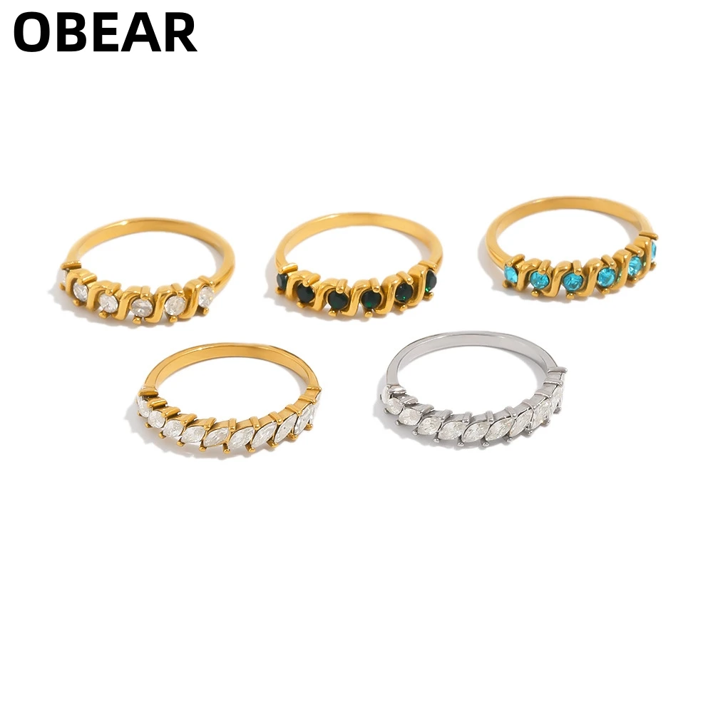 Stainless Steel 18K Gold Plated CZ Band Ring, Marquise Zircon Half Eternity Stackable Ring Women Fashion Finger Jewelry