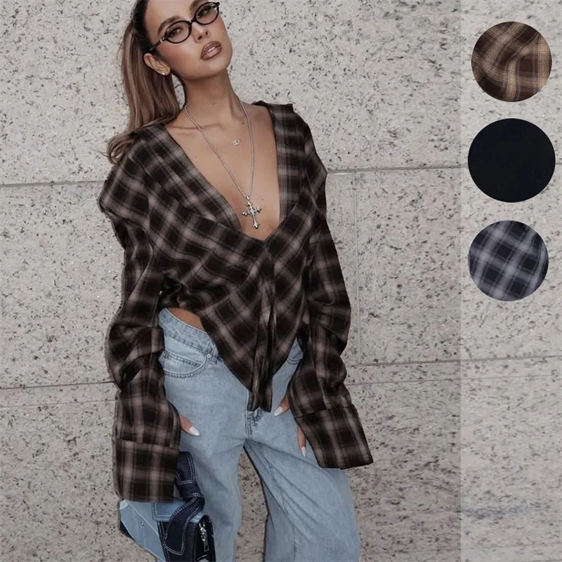 Autumn and Winter Women's Sexy Checkered Waist Cinched Shirt for Women's Daily Commuting Versatile Shirt