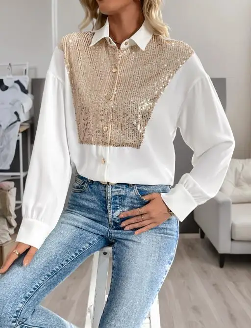 

Autumn Fashion Trend Sequin Decoration Splicing Lapel Long Sleeved Shirt Women's Casual Personalized Button Long Sleeved Shirt