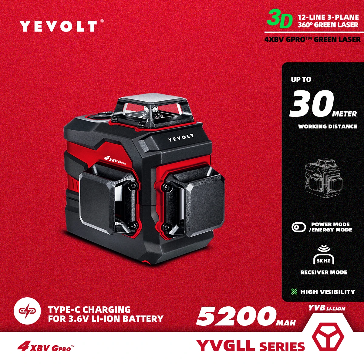 

YEVOLT YVGLL4XS12PRO Series Green Laser Level 3-Plane 12-Line Self-leveling 360 3D Horizontal & Vertical 3.6V 5.2Ah Power Tools