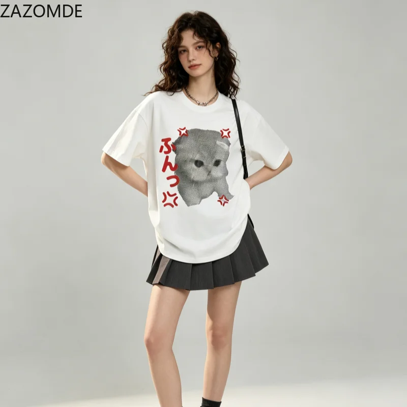 ZAZOMDE T-shirt Cute Grayscale Kitten Halftone Print Japanese Characters Design Loose Casual Soft Cotton Short Sleeve Tops