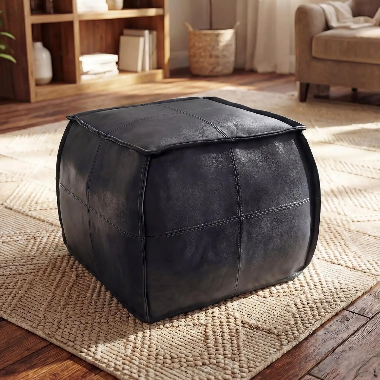 Leather Square Ottoman Pouf, Handmade Stuffed Foot Rest, Soft Seating for Living Room & Bedroom, Black, Customized
