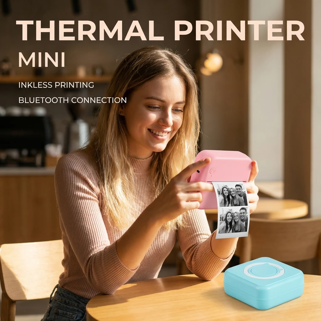 

Портативный мини-термопринтер с беспроводным подключением Bluetooth для Android и iOS, печать на бумаге 58 мм и наклейках, карманный принтер для фото и чеков.