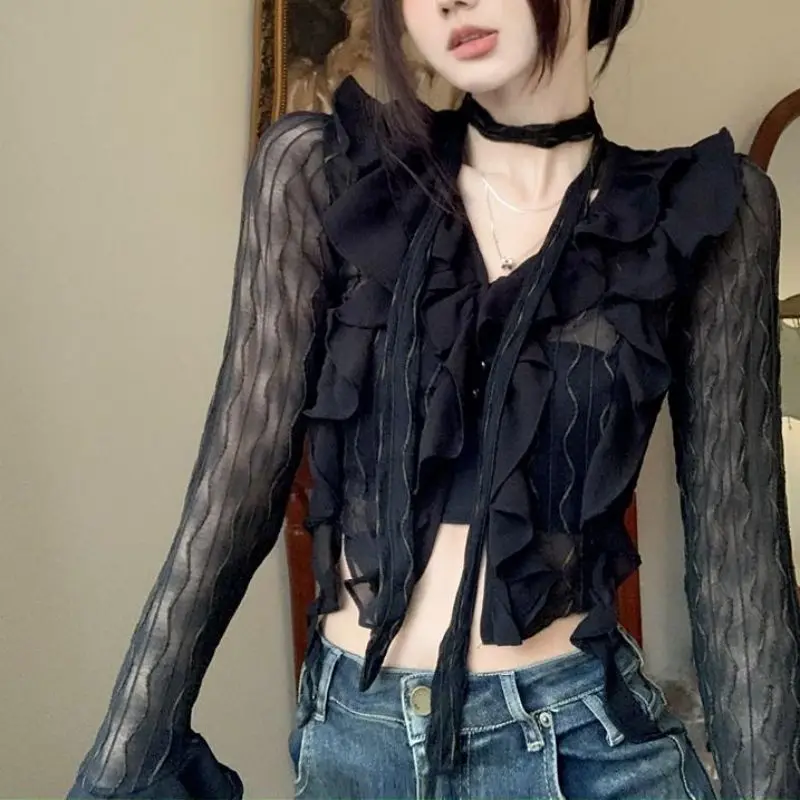 Y2k Crop Top Women Lace Blouses  Sexy Gothic GrungeFemale Shirts Elegant Black Transparent Cardigan Korean Streetwear