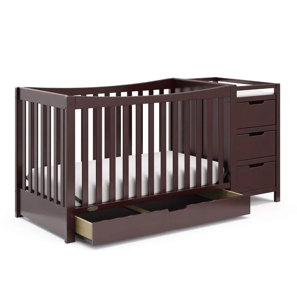 New 5-In-1 Convertible Crib & Changer with Drawer Crib and Changing-Table Combo, Includes Changing Pad, Converts To Toddler Bed