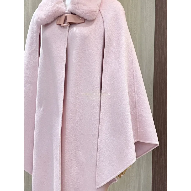 نمط معطف سترة قمم الكشمير الصوف الحرير 2025 أعلى جودة الوردي كم طويل التلبيب مزدوجة الوجهين الكشمير الرأس