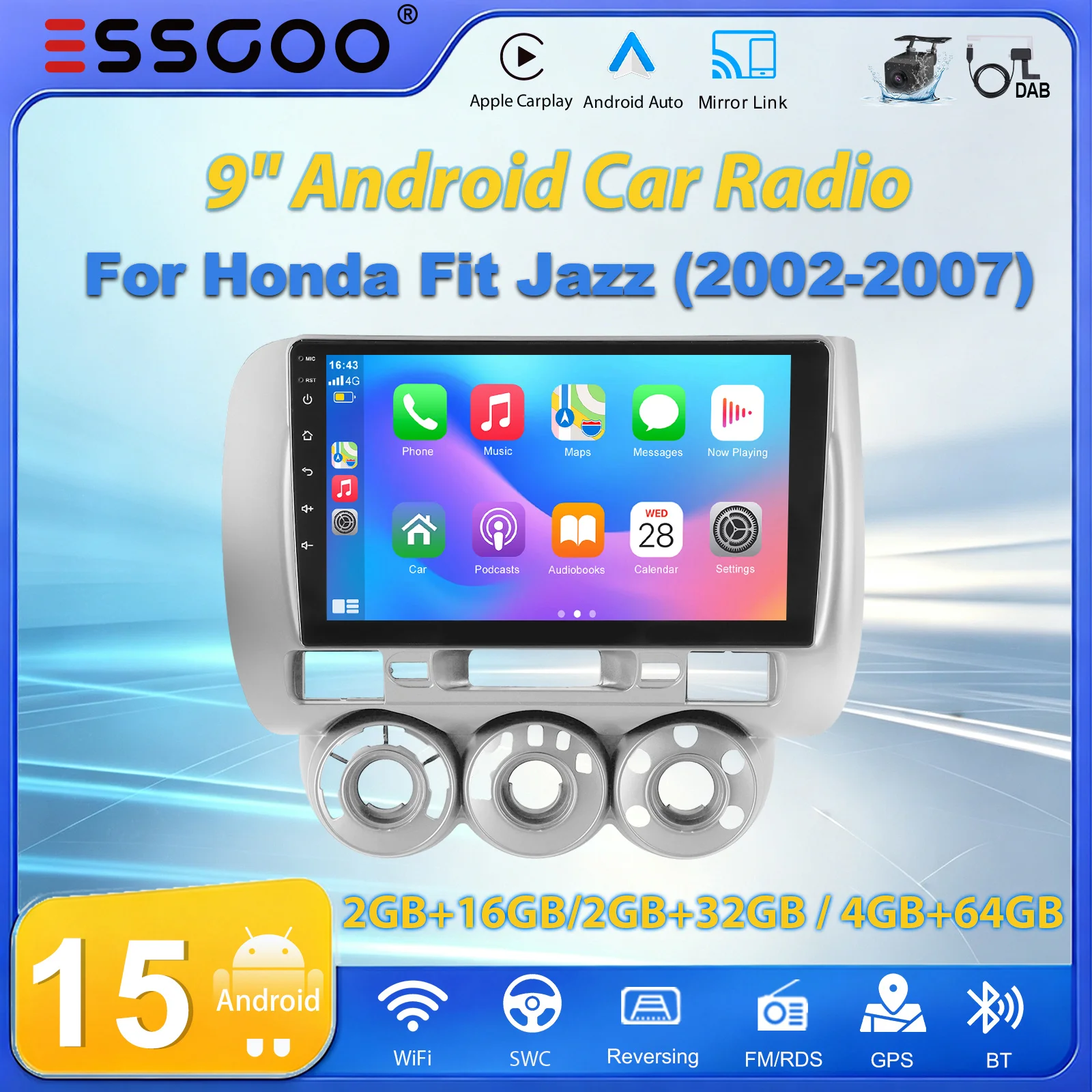 ESSGOO 9'' 2 DIN Bezprzewodowy CarPlay 2+16G/2+32G/4+64G Android 15 Radio Samochodowe dla Honda Fit Jazz City 2002-2007 RDS GPS WIFI Multimedia autoradio FM SWC Bluetooth Mirror Link Swc Ekran