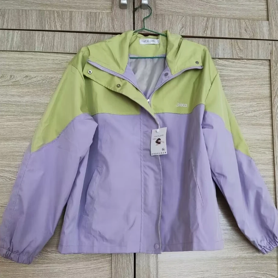

2025 Advanced Feeling Women Short Jacket Spring Autumn Causla Zipper Hooded Lined Coat Fashion Loose Patchwork Purple Outwear