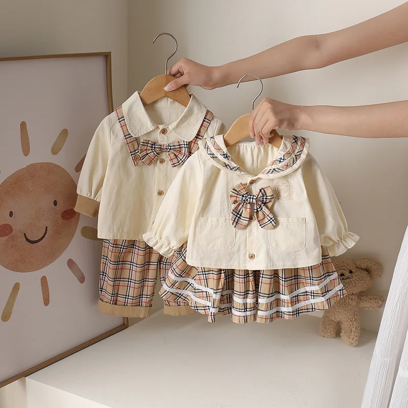 Girls' and Boy Suit College Style Spring and Autumn New Pure Cotton Children's Korean Shirt Skirt Two-piece Set