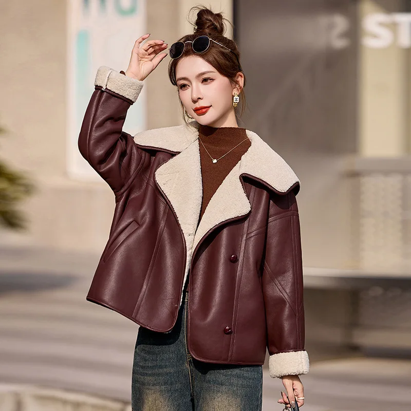 2024 Cotton lined PU leather jacket for women, new winter casual thick fur collar motorcycle jacket, cotton jacket