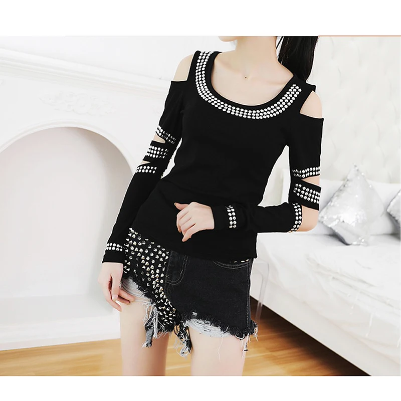 

Spring Autumn Women New Black Slim Sparkle Sequins Tees Blouses Tops Hollow Out White Casual Club OL Sexy Tops CC097