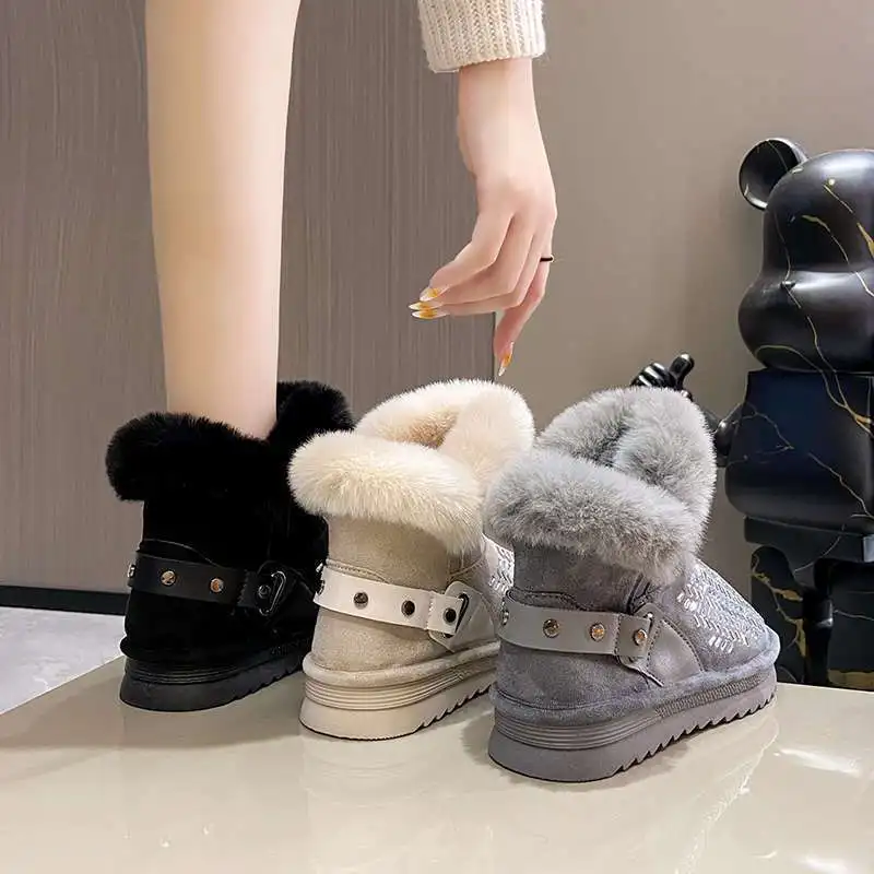 New Winter Ankle Boot for Women Fashion Retro Strap Furry Bling Shoes Woman Snow Booties Glitter Ladies Warm Plush Short Boots