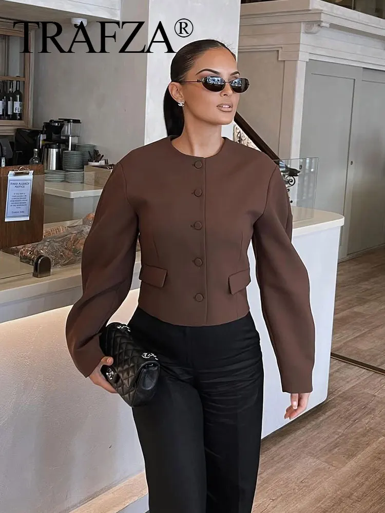 TRAFZA 2024 Autumn New Women Fashion Solid Set O Neck Balloon Type Short Coat Top + Wild Streetwear Slim Woman Brown Mini Skirt