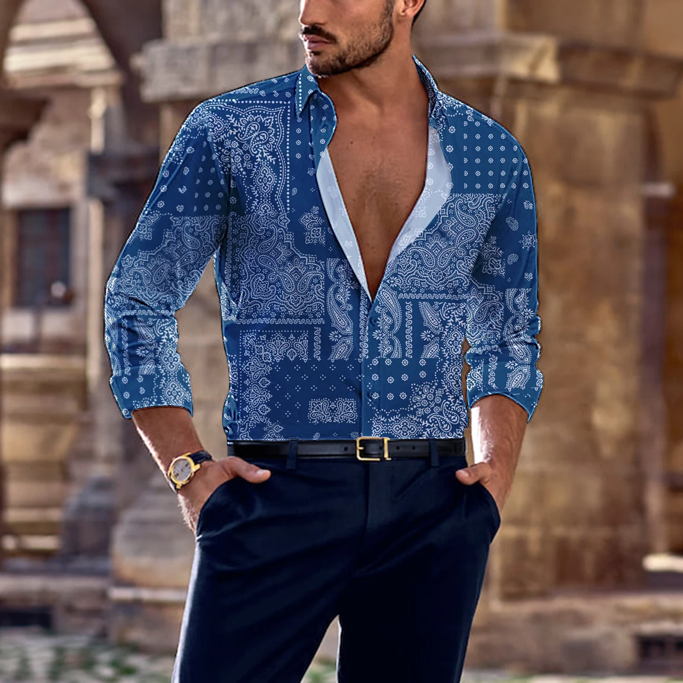 Men Summer Fashion New Long-Sleeved Shirt Cashew Flower 3D Printing Business Leisure Party single Breasted Hawaiian Beach Shirt