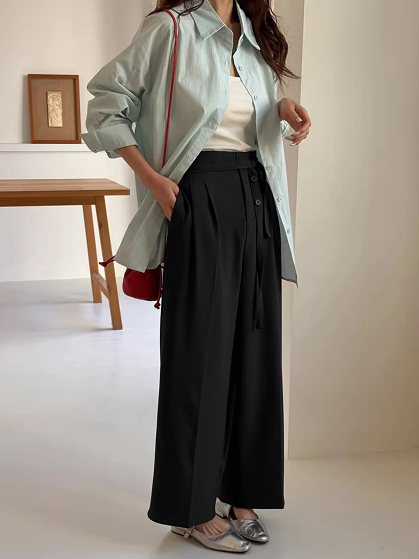 High Waist Tuxedo Pants Women's Casual Loose Fit Floor Length Design Sense Wide Leg Pants Commute Sle Polyester Fiber