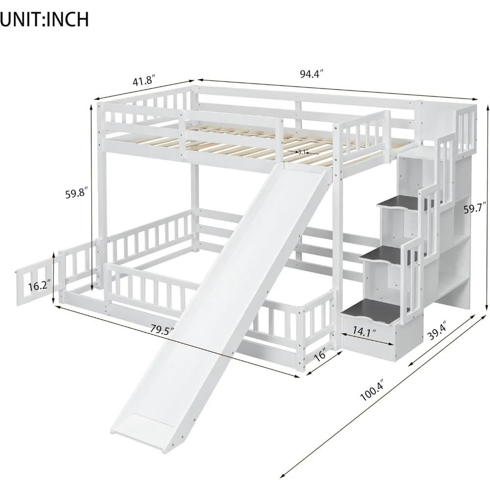 Twin Over Full Bunk Bed, Pine Wood Bunkbed Frame with Slide and Storage Staircase for Bedroom Minimalist Aesthetic Children Beds