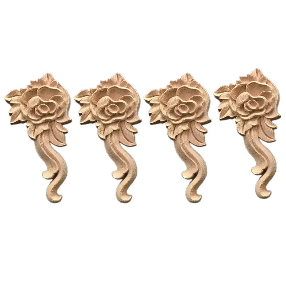 4Pcs Wood Carved Applique Mouldings Onlay for Decoration Furniture Decals Corner Rose Pattern Frame Decor for Desk Doors Cabinet