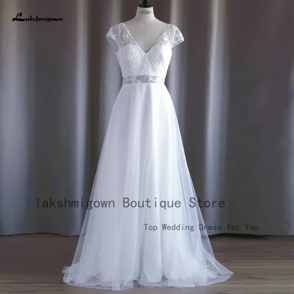 

Lakshmigown Plus Size White Tulle Long Wedding Dress For Women 2023 Vestidos Civil Bridal Wedding Gowns Lace Cap Sleeve Backless