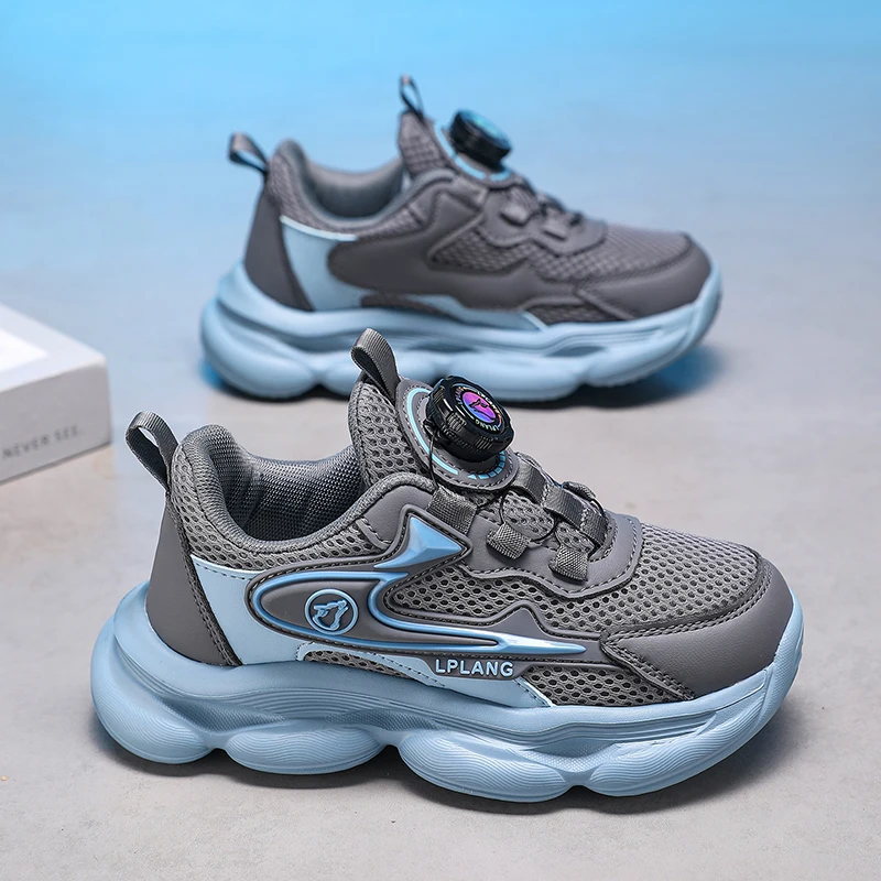 Boys Girls Children Sneakers Rotating Quick‑Fasten Buckle Breathable Mesh Fabric Shock‑Absorbing Wear‑Proof Sports Running Shoes