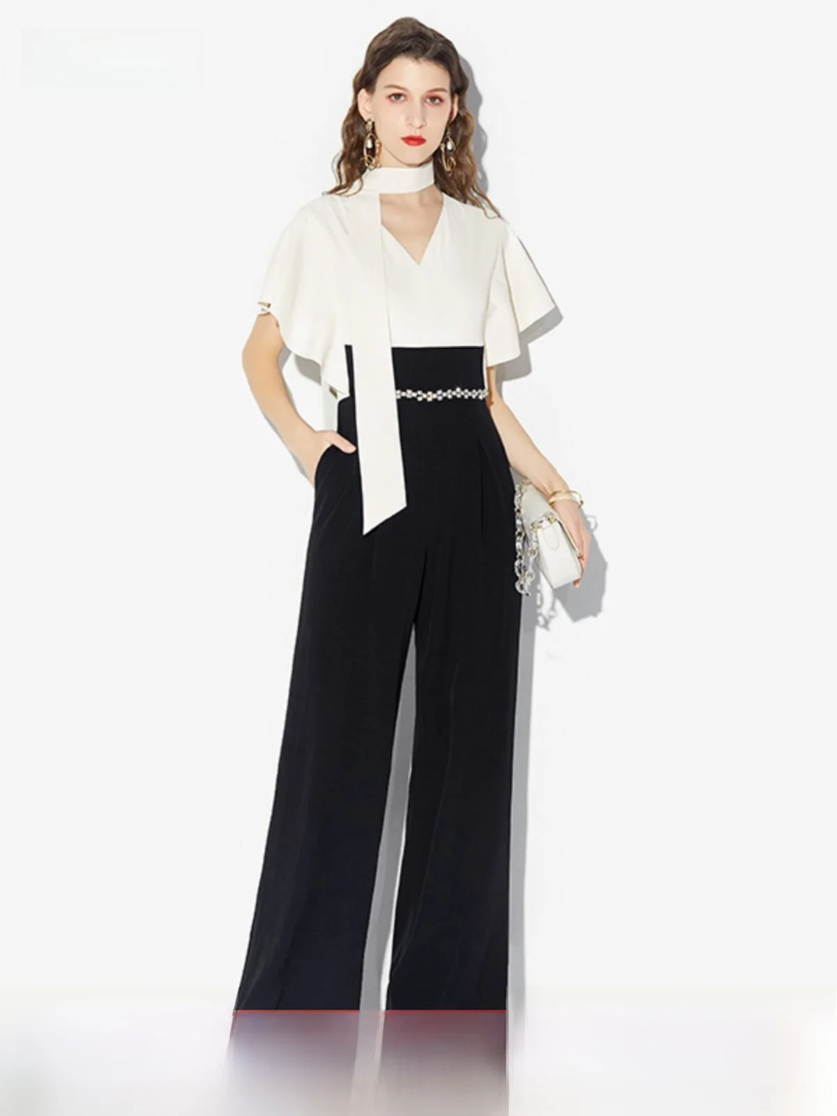 

Модный летний женский комбинезон с высокой талией и широкими штанинами, черно-белый, для офиса, длинные брюки-костюм