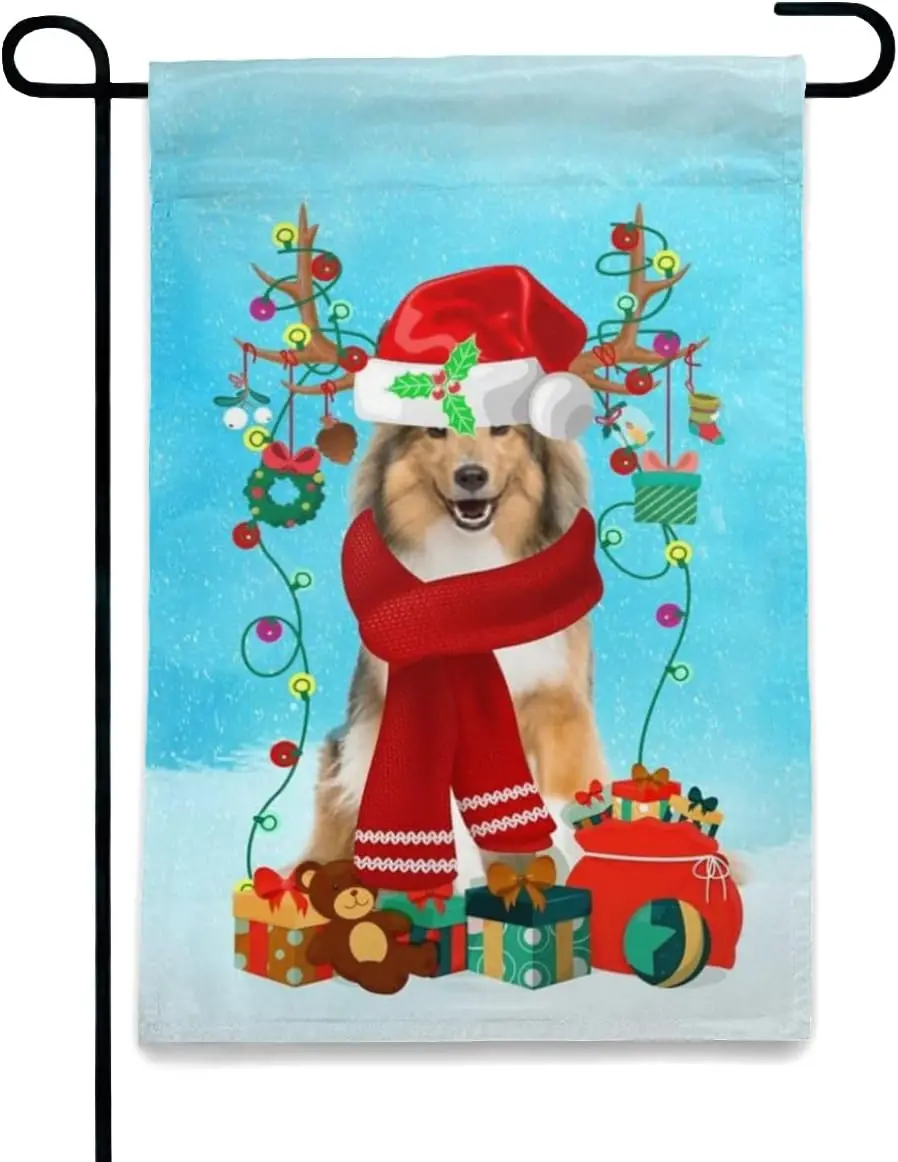 Christmas Garden Flag Rough Collie Dog Wearing Lights Garden Flag, for Dog Lovers, Double Side Printed Christmas Holidays Garden