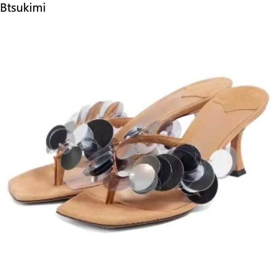 Ladies' Sandal High Heel Sequin Decoration Shiny Slipper Square Toe Clip Toe High Heel Fashionable Ladies' Summer M Ü Ller Shoes