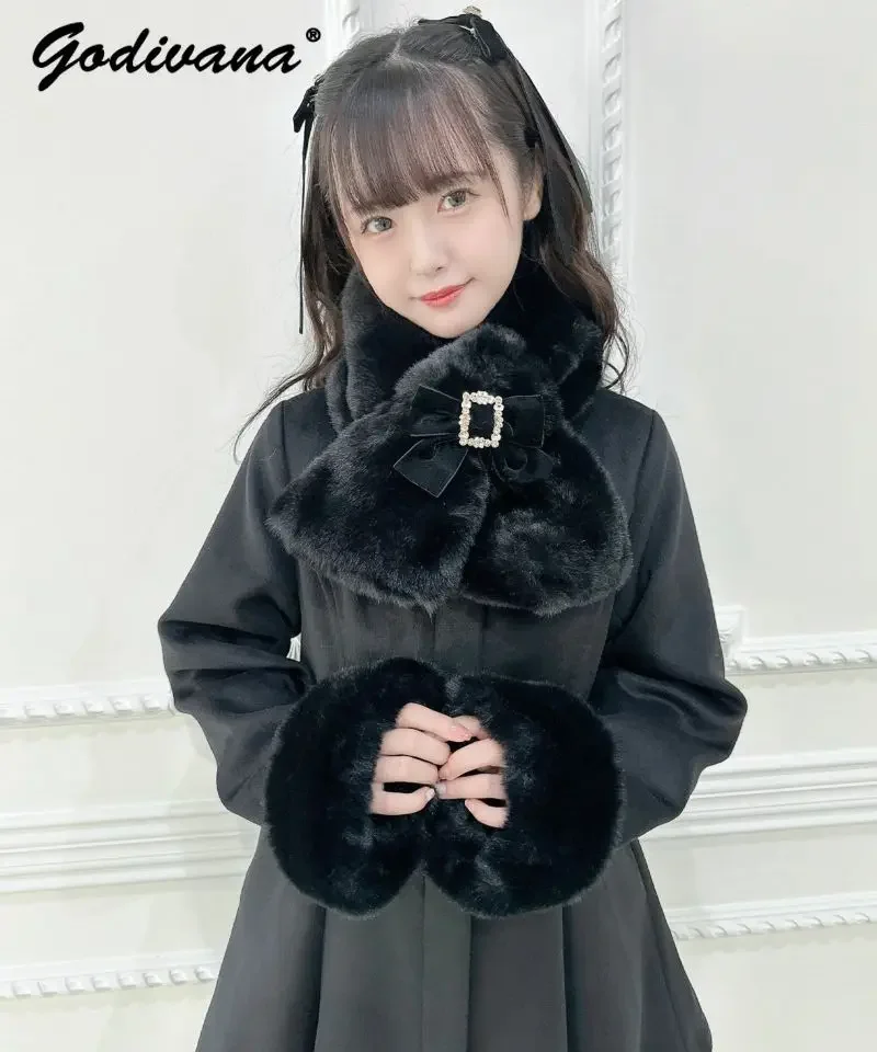 Rojita Woolen Coat Jacket New Autumn and Winter Japanese Girl Female Cute Sweet Plush Straps Pearl Slim Long Overcoat