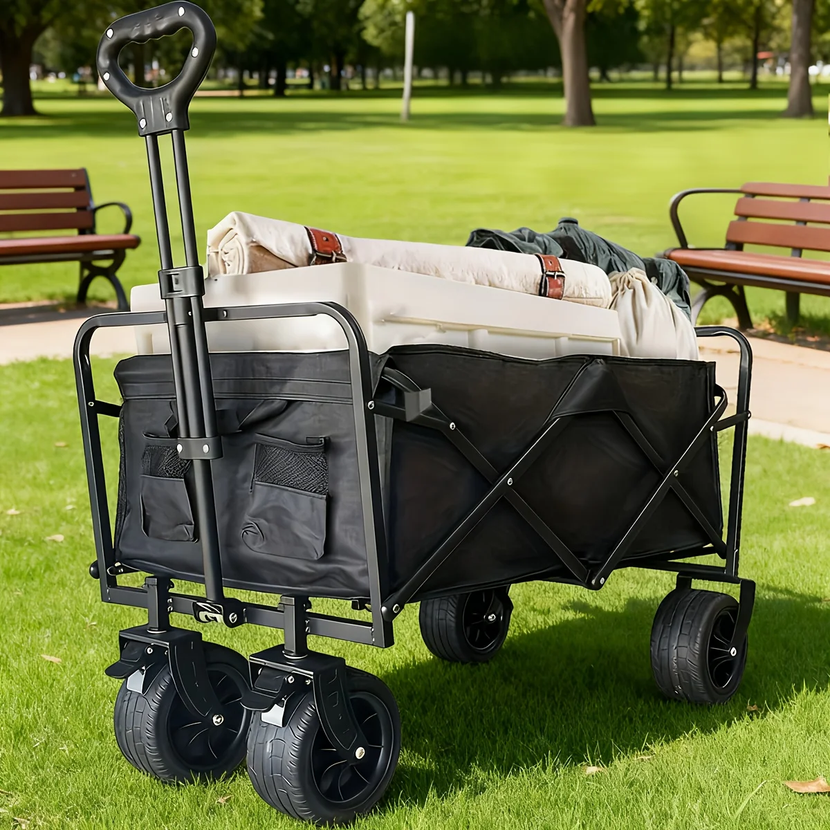 Sturdy Folding Collapsible Four-Wheel Steel Camping Wagon Cart with Adjustable Handle Large Capacity for Outdoor Camping