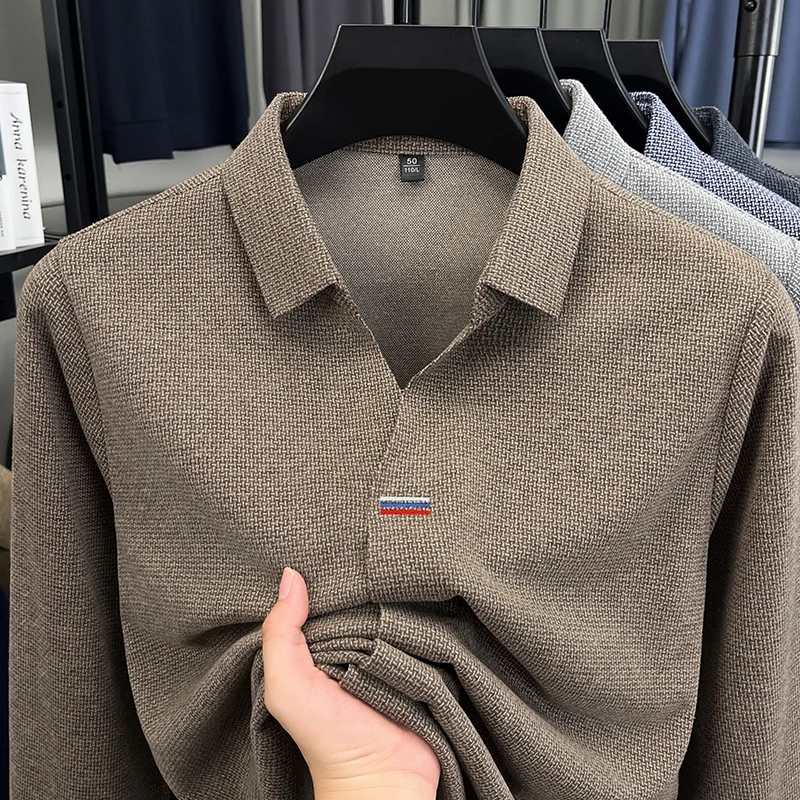 Light luxury men's long sleeve polo shirt high-end brand business leisure autumn new personality printed fashion V-neck T-shirt