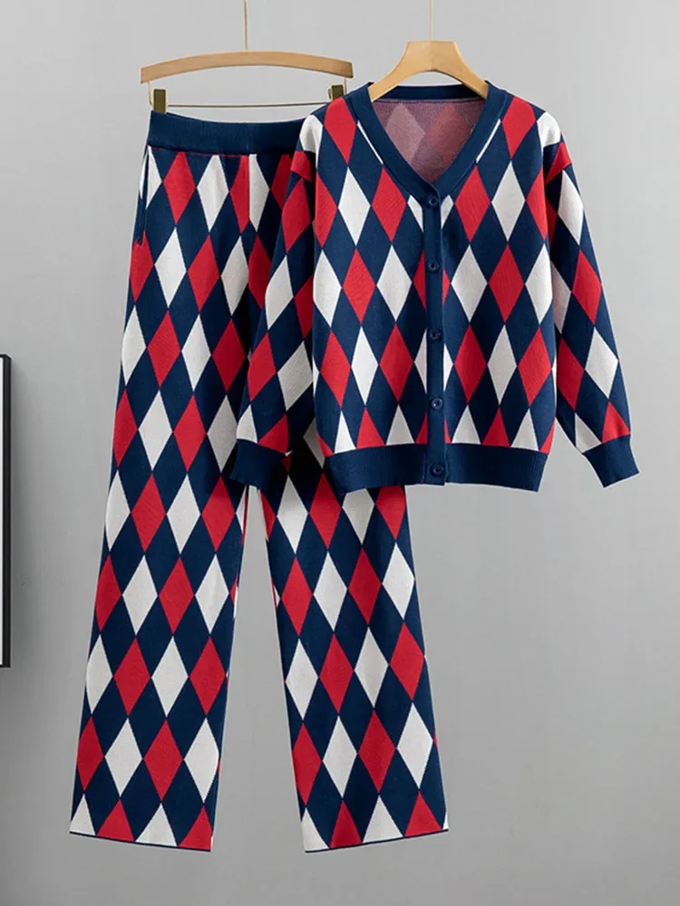 

Plaid Knitted 2 Pieces Sets Korean High Waist Wide Leg Pants Outfit 2025 Women Knitwears Single Breasted Cardigan Tops Conjuntos