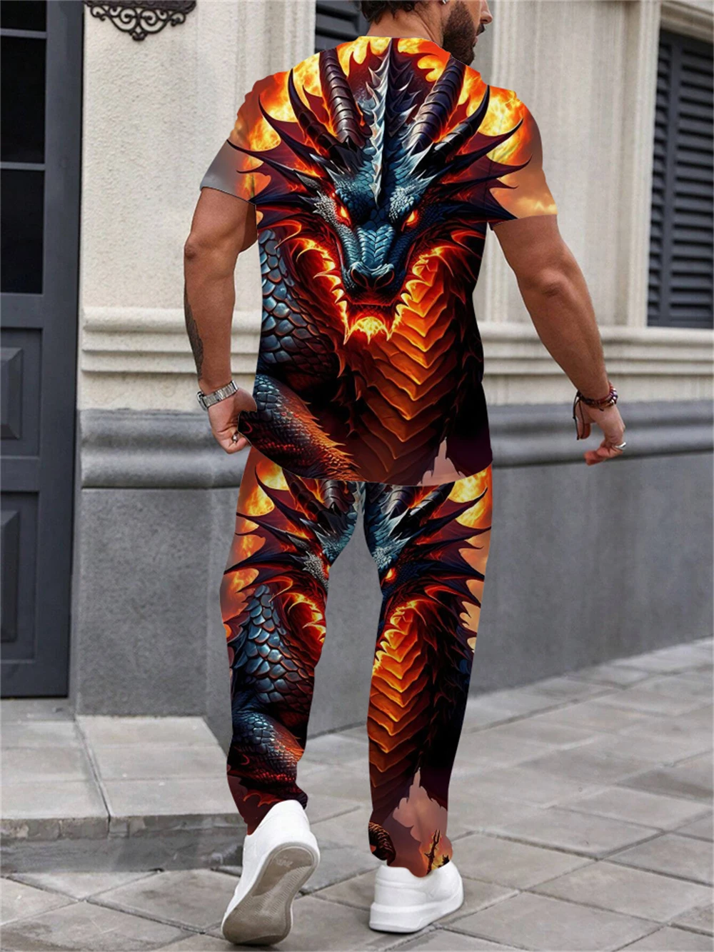 Men\'s Summer Casual T-shirt Short Sleeve Trousers Two-piece Coiling Dragon Flame Print Set Personalized Men\'s Fashion Clothing