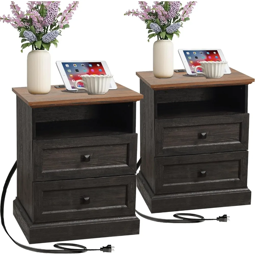 

Night Stand Set of 2 with Charging Station, Bedside Table with 2 Drawers Storage and Open Shelf, Wood Farmhouse Nightstands with