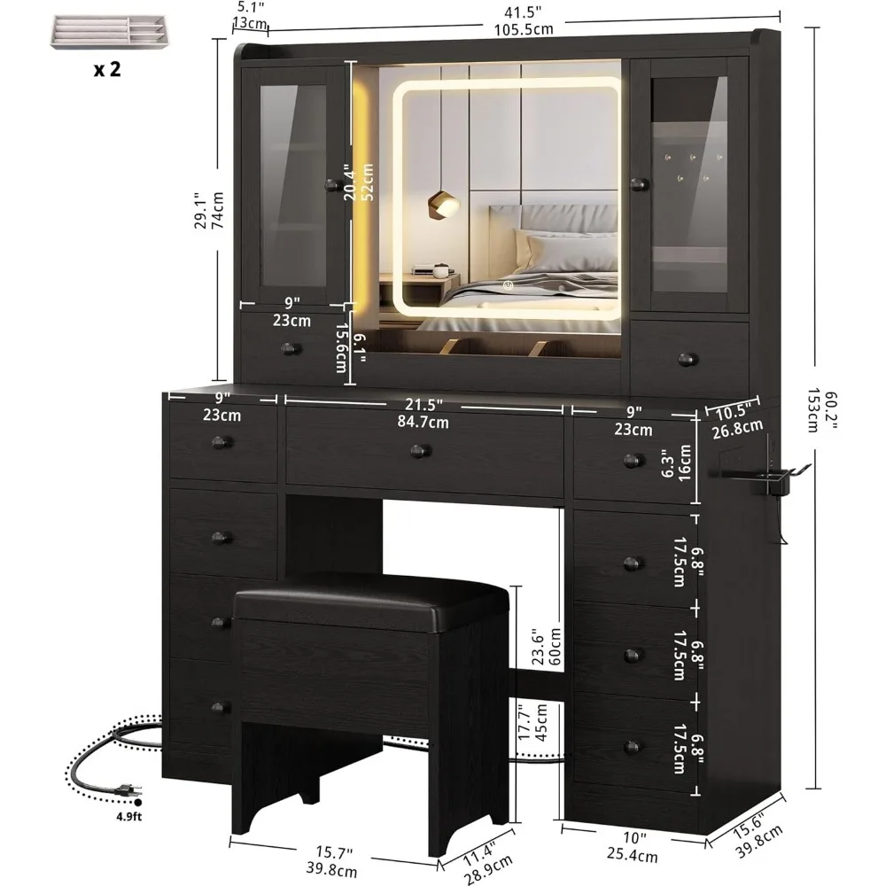 Vanity Desk with LED Lights Mirror, Charging Station, Jewelry Armoire, Storage Bench, 11 Drawers, Make Up Vanity Desk