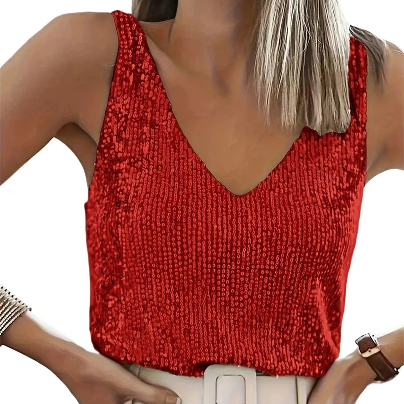 Damen-Pailletten-Tanktop mit V-Ausschnitt, ärmellos, glitzerndes Camisole-Top, Glitzer-Party-Weste, Clubwear, lässige Bluse, футболка+женская – Detail 5