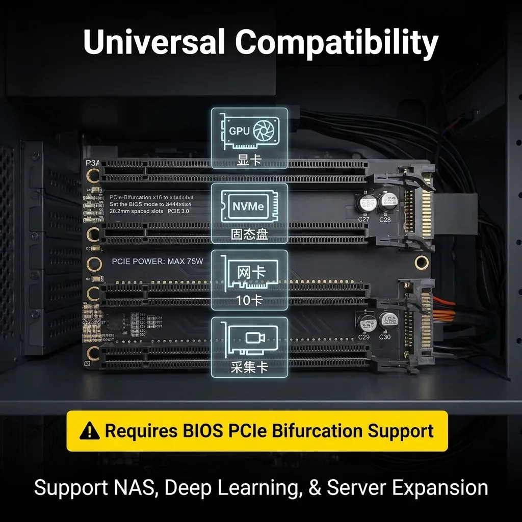 Karta rozszerzeń PCI-E X4X4X4X4 PCI-Express 3.0 X16 Gen3 Adapter 1 na 4 Rozdzielacz PCIe 16X Port zasilania SATA Karta rozdzielająca PC Riser